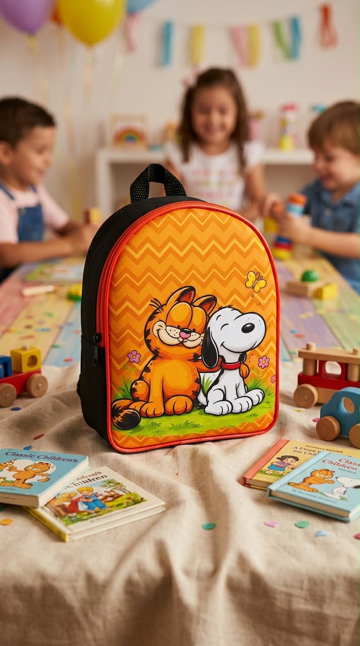 Mockup gerado por IA: mochila em ambiente de jardim com brinquedos